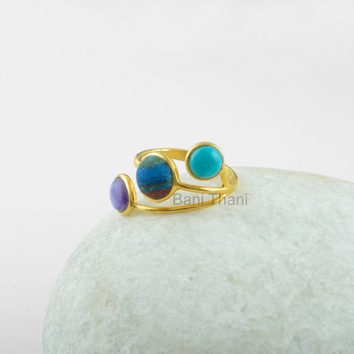 Three Stone Ring, Rainbow Calsilica Ring, Charoite Ring, Turquoise Ring, Gold Plated 925 Silver Ring, Birthday Gift Ring, Present For Her