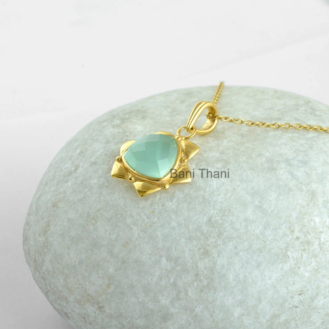 Silver Necklace, Aqua Chalcedony Trillion 12mm Gemstone Necklace, Micron Gold Plated 925 Sterling Silver Necklace, Birthday Gift Necklace