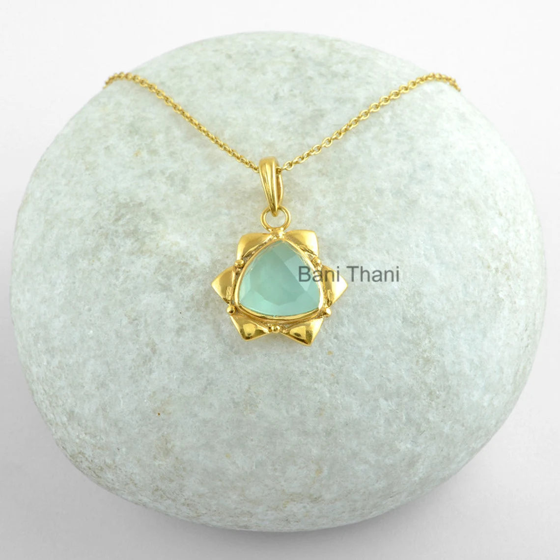 Silver Necklace, Aqua Chalcedony Trillion 12mm Gemstone Necklace, Micron Gold Plated 925 Sterling Silver Necklace, Birthday Gift Necklace