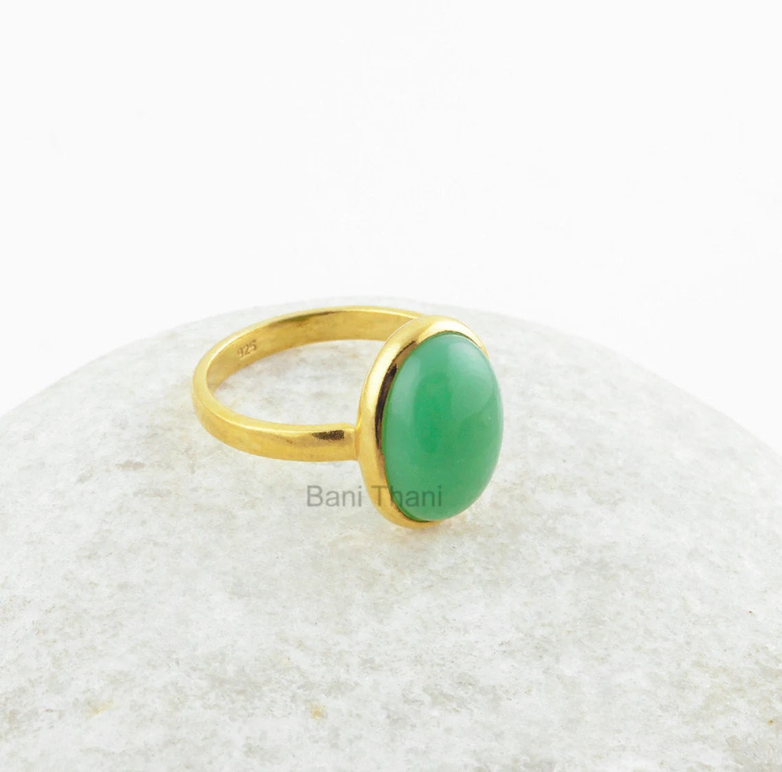 Chalcedony Ring, Chrysoprase Chalcedony 10x14mm Oval Gemstone Ring, Micron Gold Plated 925 Sterling Silver Bezel Ring Jewelry