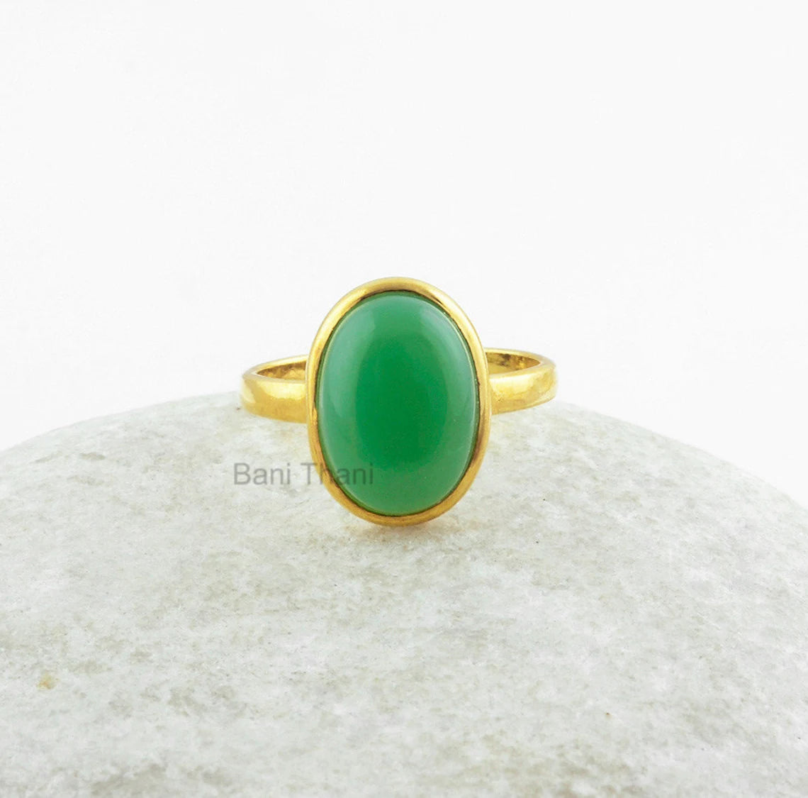Chalcedony Ring, Chrysoprase Chalcedony 10x14mm Oval Gemstone Ring, Micron Gold Plated 925 Sterling Silver Bezel Ring Jewelry