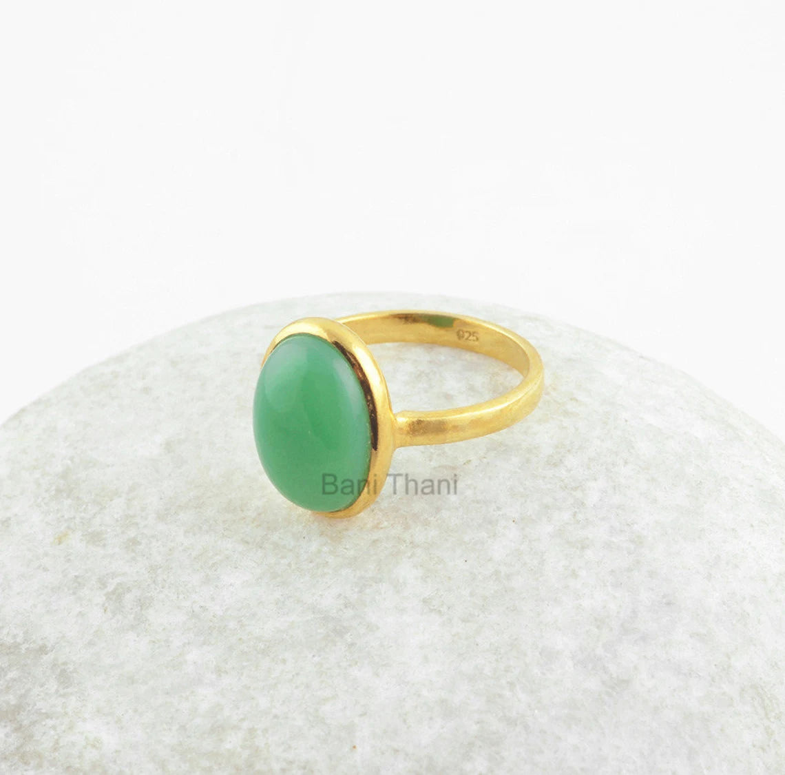 Chalcedony Ring, Chrysoprase Chalcedony 10x14mm Oval Gemstone Ring, Micron Gold Plated 925 Sterling Silver Bezel Ring Jewelry
