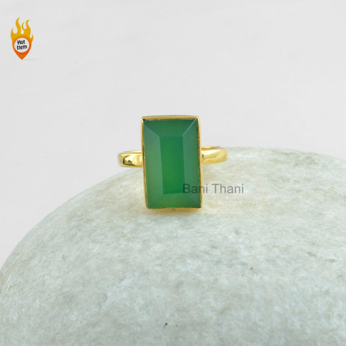 Green Chrysoprase Ring-925 Sterling Silver Ring-Green Chrysoprase Rectangle 9x15mm Micron Gold Plated Ring-Silver Ring for gift-Wedding Ring