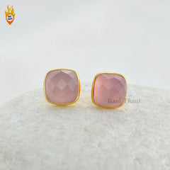 Pink Chalcedony Stud Earrings - Solid Silver Earrings - Gold Plated Studs - Artisan Jewelry - Gift For Grand Daughter - Jewelry For Everyday