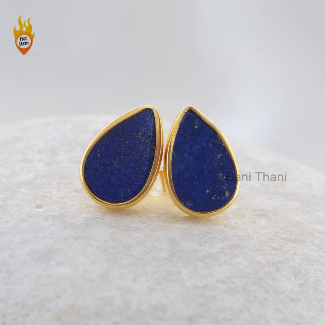 Natural Blue Lapis Pear 7x11mm Flat Stud Micron Gold Plated 925 Sterling Silver Earring Jewelry, Stud Earring Gift For Women Valentines Day