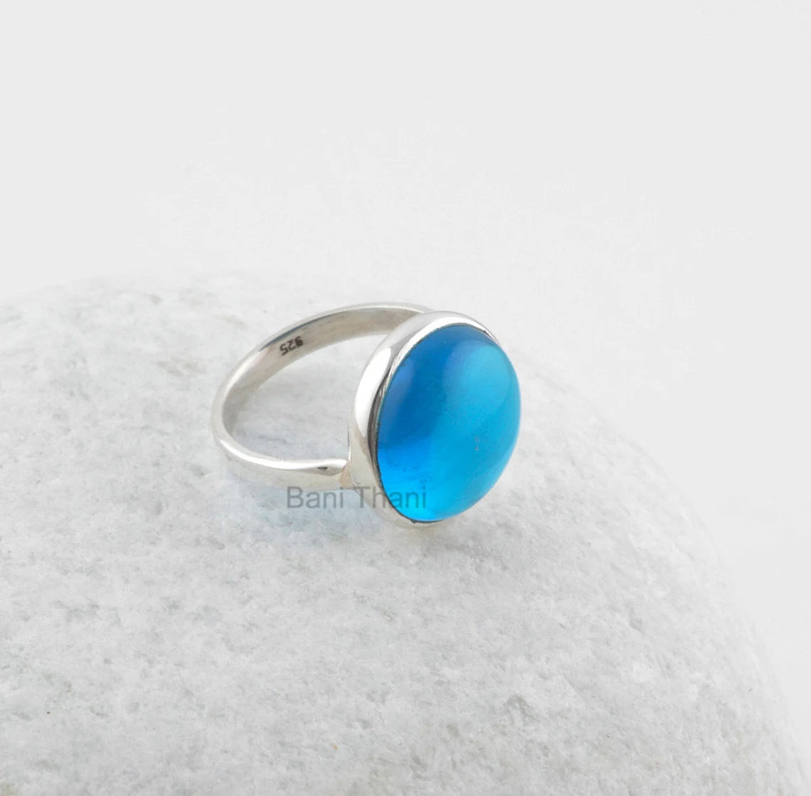 London Blue Quartz Round Gemstone Ring - 925 Sterling Silver Bezel Ring - Gemstone Bridal Jewelry - Birthday Gift for Girls - Gift for Her