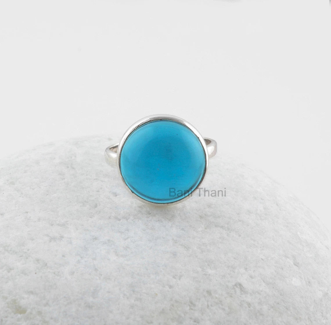 London Blue Quartz Round Gemstone Ring - 925 Sterling Silver Bezel Ring - Gemstone Bridal Jewelry - Birthday Gift for Girls - Gift for Her