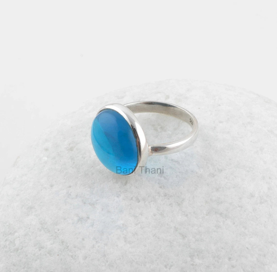 London Blue Quartz Round Gemstone Ring - 925 Sterling Silver Bezel Ring - Gemstone Bridal Jewelry - Birthday Gift for Girls - Gift for Her