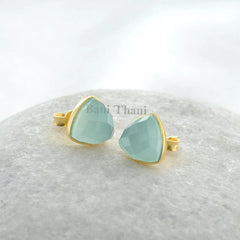 Aqua Chalcedony Studs - Gold Plated Studs - Solid Silver - 9mm Faceted Trillion - Personalized Jewelry - Jewelry For Summer - Gift For Wife