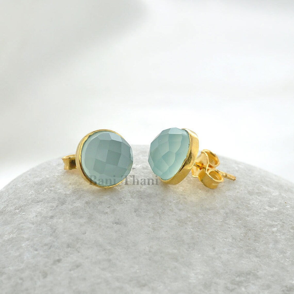 Aqua Chalcedony Earrings, Aqua Chalcedony 9mm Round Faceted 18k Gold Plated 925 Sterling Silver Stud Earrings, Engagement Gift For Her