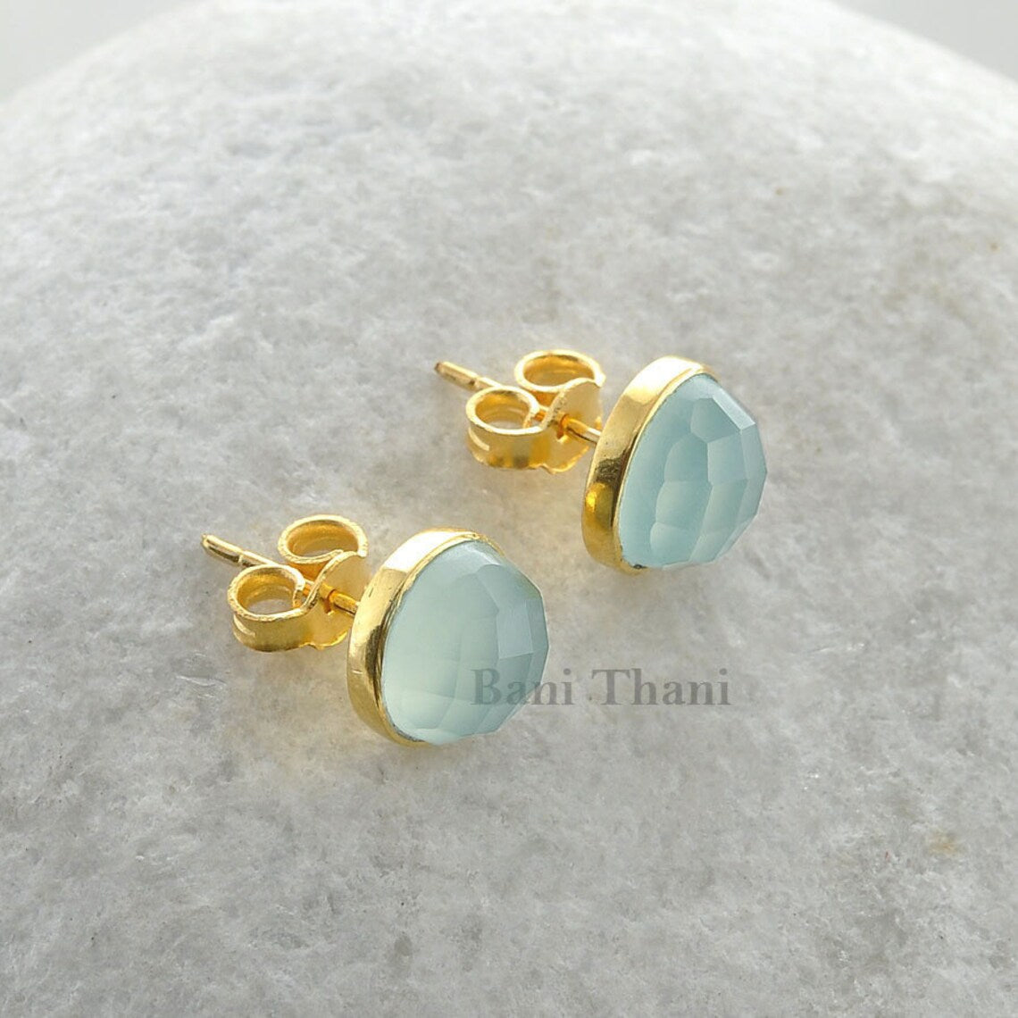 Aqua Chalcedony Earrings, Aqua Chalcedony 9mm Round Faceted 18k Gold Plated 925 Sterling Silver Stud Earrings, Engagement Gift For Her