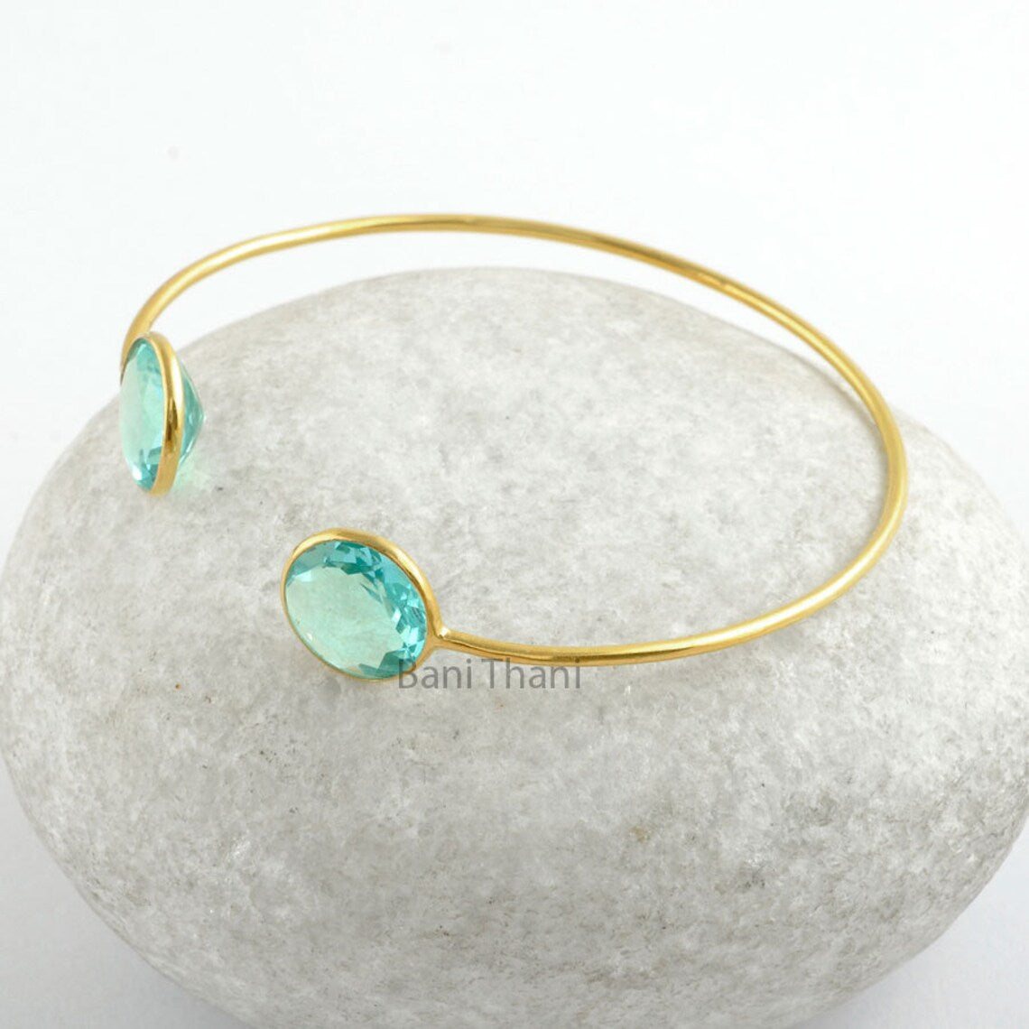 Elegant Aqua Quartz Gemstone Round 10 mm 925 Sterling Silver Bangle - Bridesmaid Gift