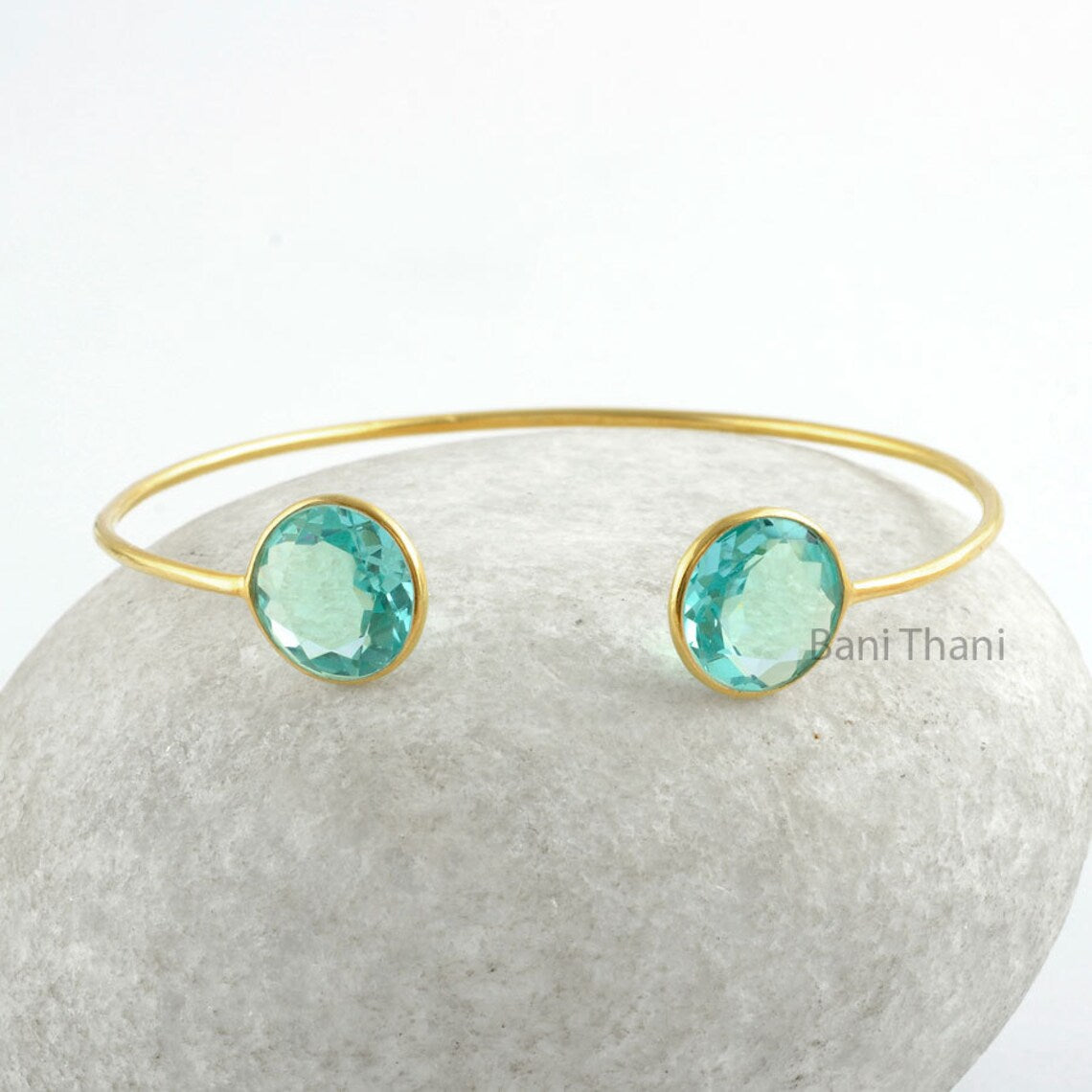 Elegant Aqua Quartz Gemstone Round 10 mm 925 Sterling Silver Bangle - Bridesmaid Gift