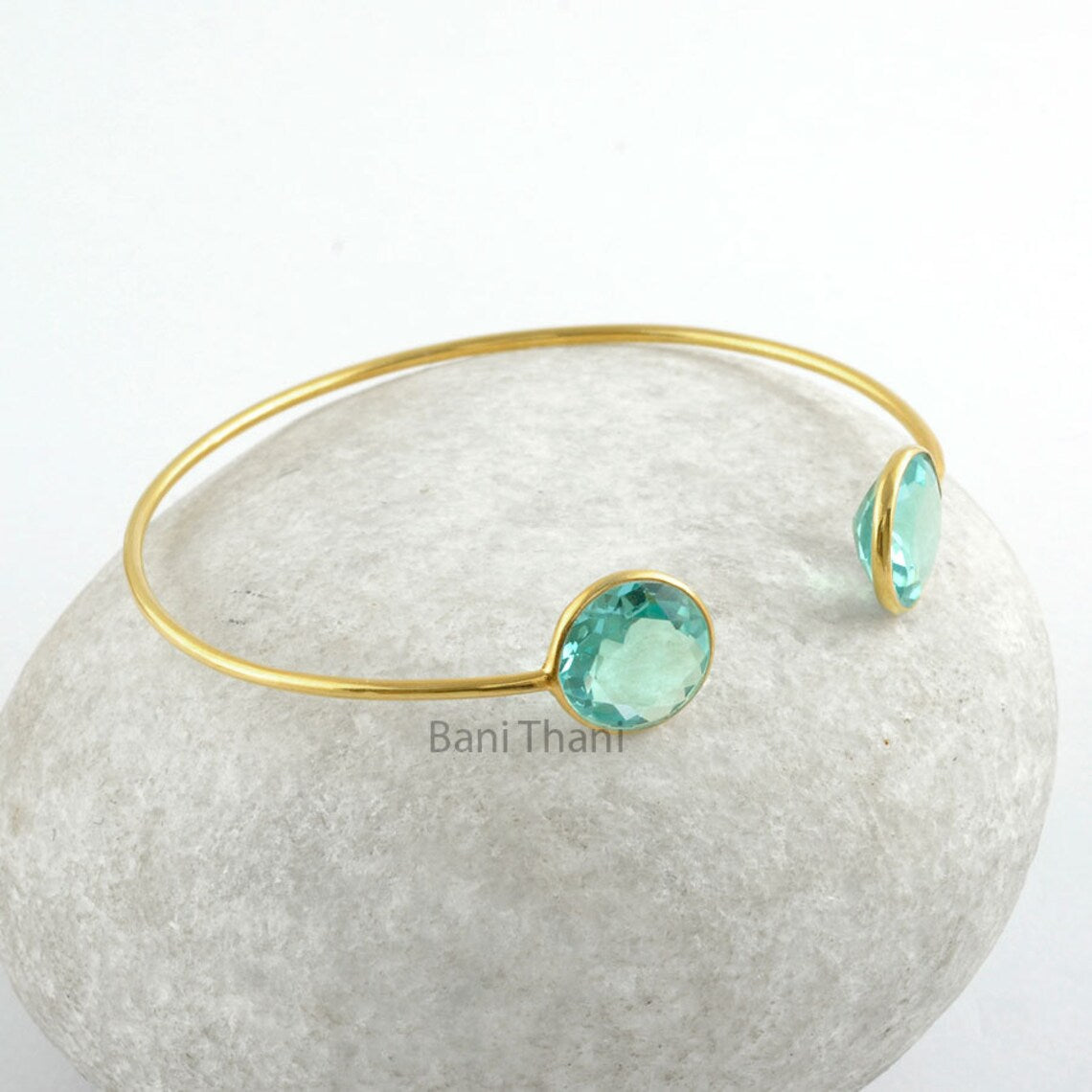 Elegant Aqua Quartz Gemstone Round 10 mm 925 Sterling Silver Bangle - Bridesmaid Gift