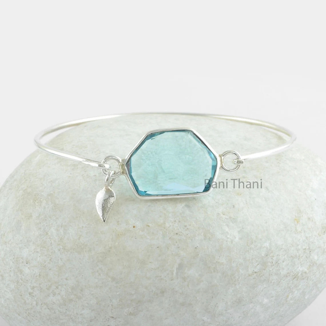 Aqua Quartz Nugget Special Cut Gemstone Bezel Bangle, Leaf Charm Bangle, 925 Sterling Silver Bangle, Christmas Gift Bangle, Bangle Bracelet