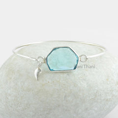 Aqua Quartz Nugget Special Cut Gemstone Bezel Bangle, Leaf Charm Bangle, 925 Sterling Silver Bangle, Christmas Gift Bangle, Bangle Bracelet