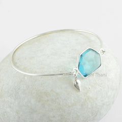 Aqua Quartz Nugget Special Cut Gemstone Bezel Bangle, Leaf Charm Bangle, 925 Sterling Silver Bangle, Christmas Gift Bangle, Bangle Bracelet