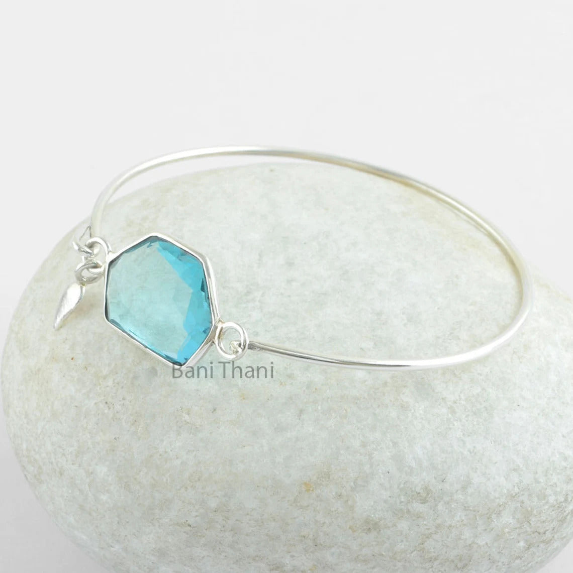 Aqua Quartz Nugget Special Cut Gemstone Bezel Bangle, Leaf Charm Bangle, 925 Sterling Silver Bangle, Christmas Gift Bangle, Bangle Bracelet