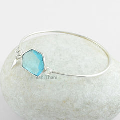 Aqua Quartz Nugget Special Cut Gemstone Bezel Bangle, Leaf Charm Bangle, 925 Sterling Silver Bangle, Christmas Gift Bangle, Bangle Bracelet