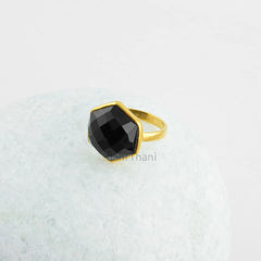 Black Onyx Ring - Solid Silver - Gold Plated Ring - Dainty Jewelry - Faceted Hexagon Stone - Jewelry For Student - Gift For Niece