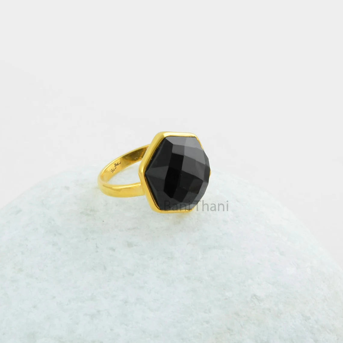 Black Onyx Ring - Solid Silver - Gold Plated Ring - Dainty Jewelry - Faceted Hexagon Stone - Jewelry For Student - Gift For Niece