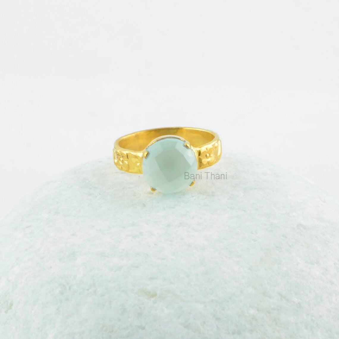 Aqua Chalcedony 10mm Round Gemstone Ring, Gold Plated 925 Sterling Silver Ring for Women, Christmas Gift Ring, Delicate Ring, Prong Set Ring