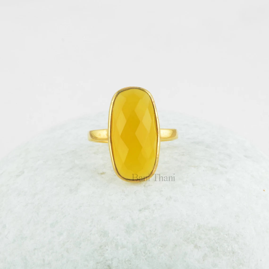 Yellow Chalcedony Semiprecious Oval 10x20mm Faceted Gemstone Ring, Gold Plated 925 Sterling Silver Ring, Cocktail Ring, Bridesmaid Gift Ring