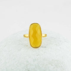 Yellow Chalcedony Semiprecious Oval 10x20mm Faceted Gemstone Ring, Gold Plated 925 Sterling Silver Ring, Cocktail Ring, Bridesmaid Gift Ring