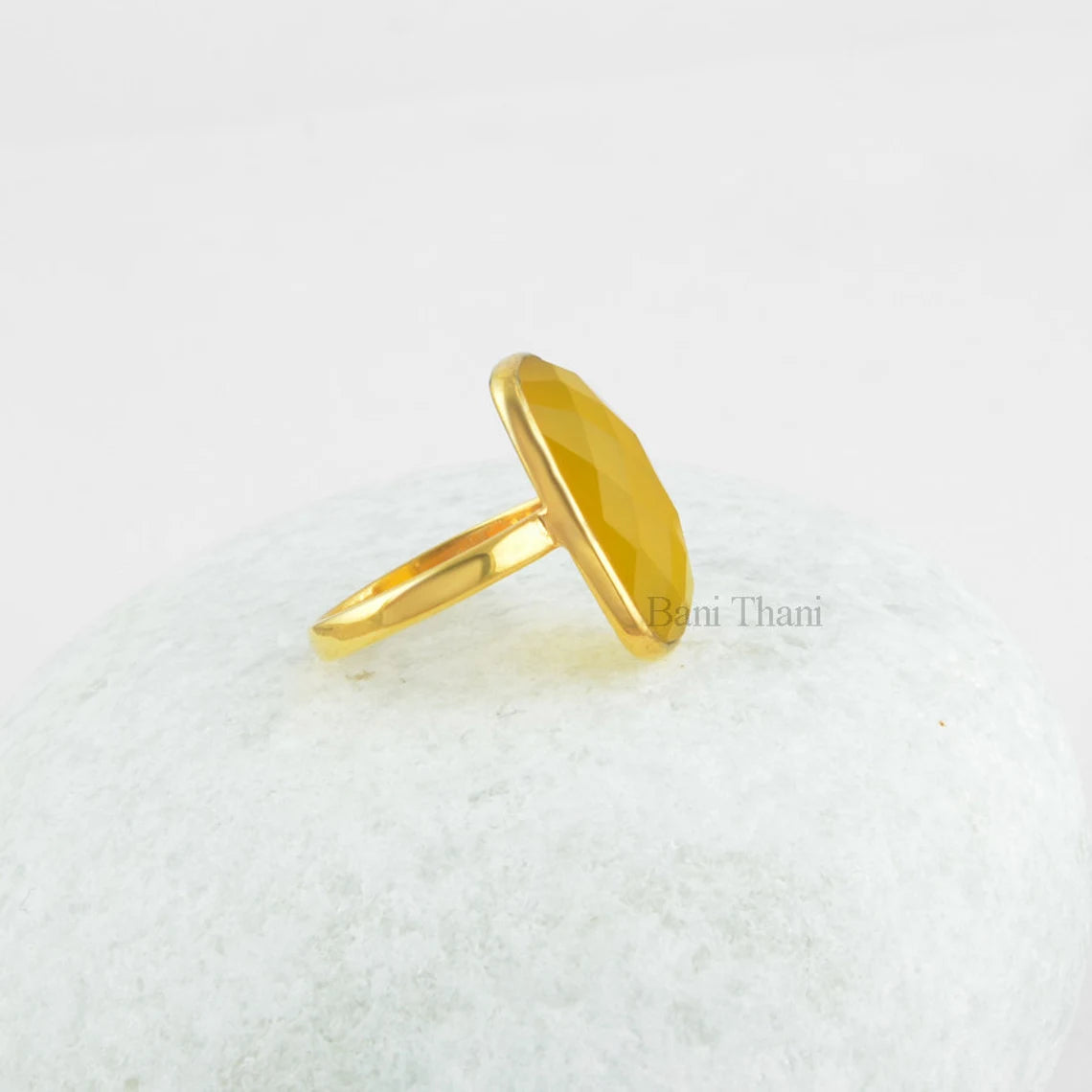 Yellow Chalcedony Semiprecious Oval 10x20mm Faceted Gemstone Ring, Gold Plated 925 Sterling Silver Ring, Cocktail Ring, Bridesmaid Gift Ring