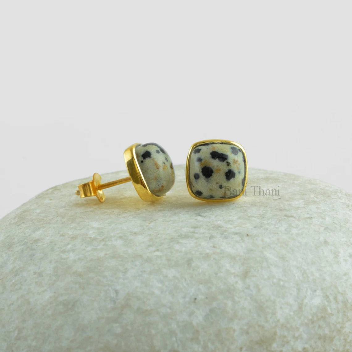 Dalmation Jasper Stud Earrings - Pure Silver - Handcrafted Studs - 9mm Cushion - Natural Stone - Gift For Graduate - Jewelry For Designer