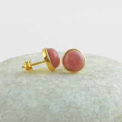 Pink Opal Round 9mm Vermeil Sterling Silver Stud, Handmade 925 Sterling Silver Stud Earrings Jewelry- E7003