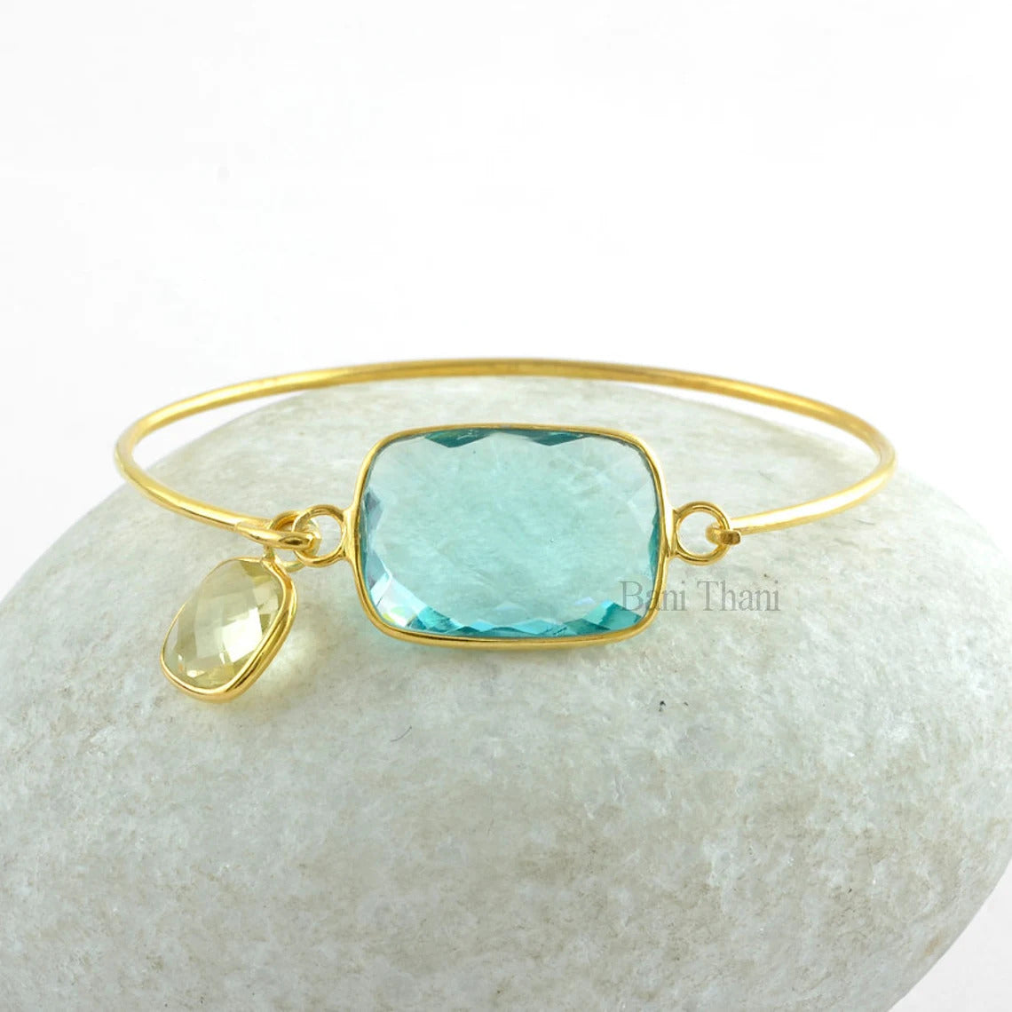 Stunning Aqua Quartz 15x22mm Rectangle With Crystal Quartz Charm 10mm Cushion Gemstone Bracelet- 18k Gold Plated 925 Sterling Silver Bangle