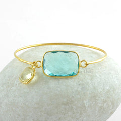 Stunning Aqua Quartz 15x22mm Rectangle With Crystal Quartz Charm 10mm Cushion Gemstone Bracelet- 18k Gold Plated 925 Sterling Silver Bangle