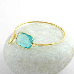 Stunning Aqua Quartz 15x22mm Rectangle With Crystal Quartz Charm 10mm Cushion Gemstone Bracelet- 18k Gold Plated 925 Sterling Silver Bangle