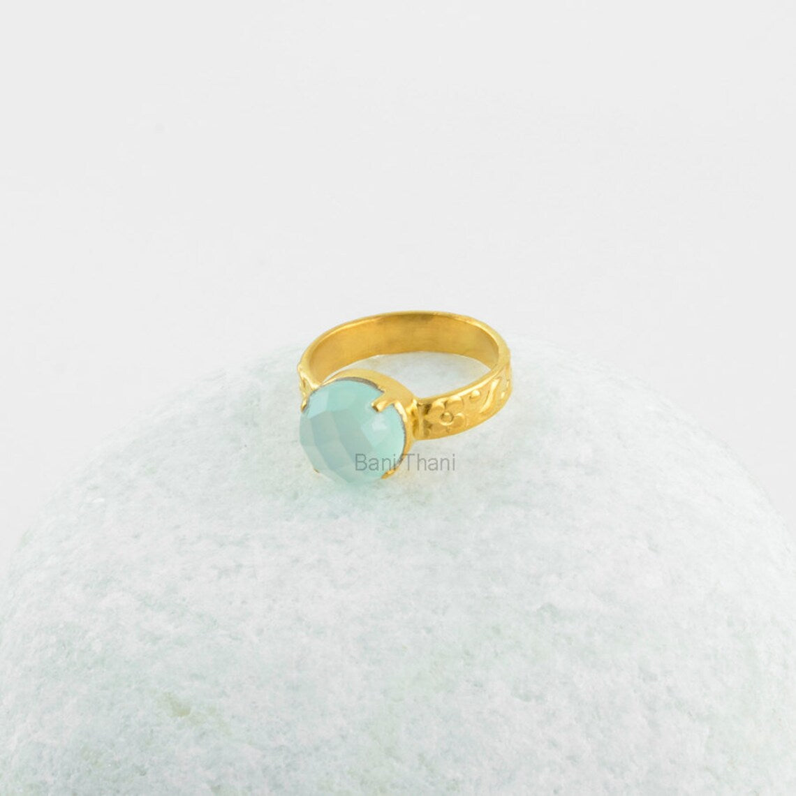 Aqua Chalcedony 10mm Round Gemstone Ring, Gold Plated 925 Sterling Silver Ring for Women, Christmas Gift Ring, Delicate Ring, Prong Set Ring