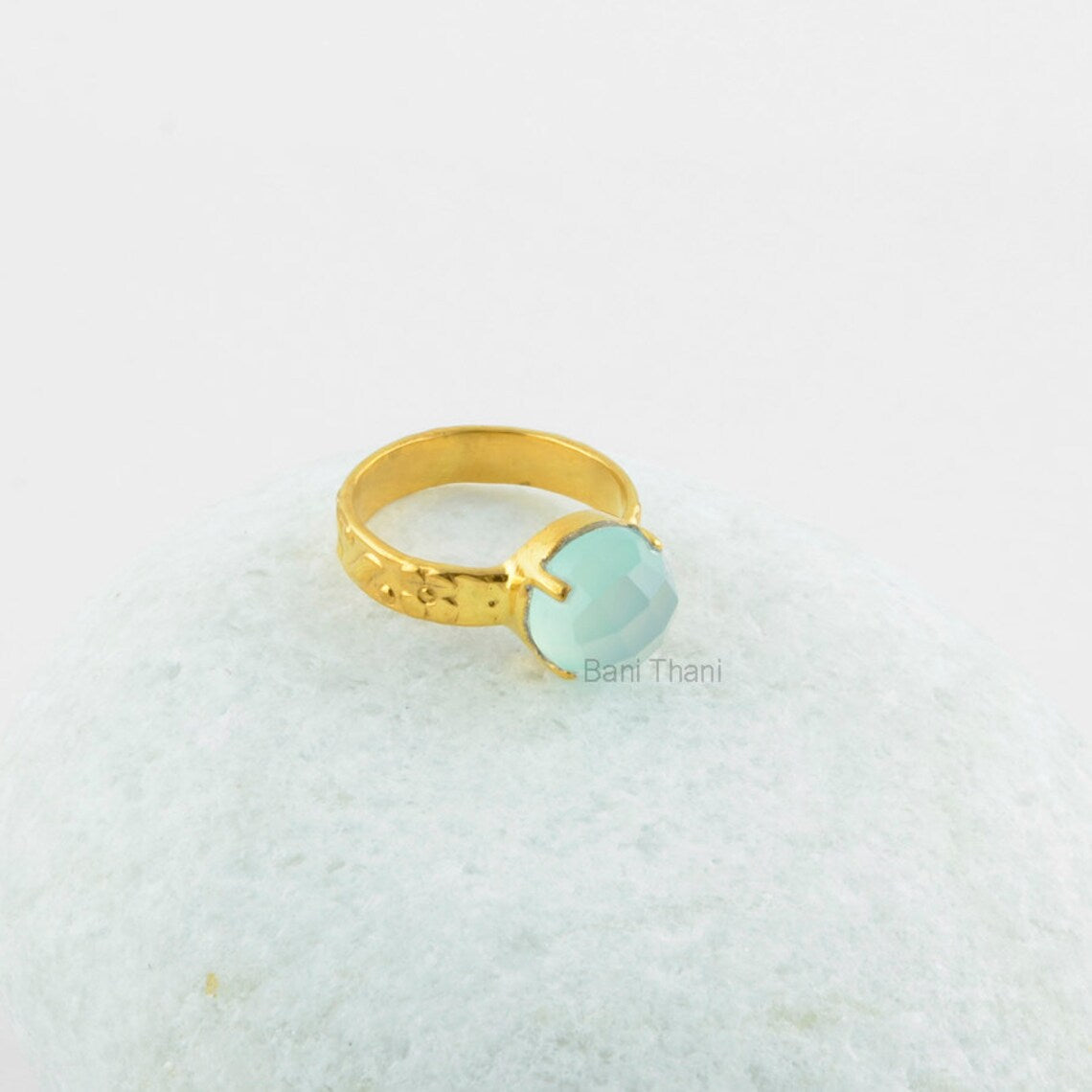 Aqua Chalcedony 10mm Round Gemstone Ring, Gold Plated 925 Sterling Silver Ring for Women, Christmas Gift Ring, Delicate Ring, Prong Set Ring