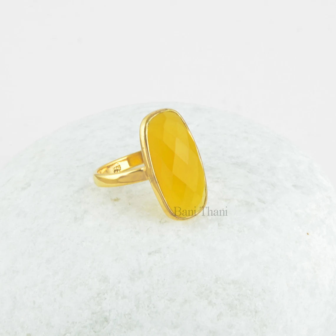 Yellow Chalcedony Semiprecious Oval 10x20mm Faceted Gemstone Ring, Gold Plated 925 Sterling Silver Ring, Cocktail Ring, Bridesmaid Gift Ring