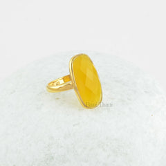 Yellow Chalcedony Semiprecious Oval 10x20mm Faceted Gemstone Ring, Gold Plated 925 Sterling Silver Ring, Cocktail Ring, Bridesmaid Gift Ring