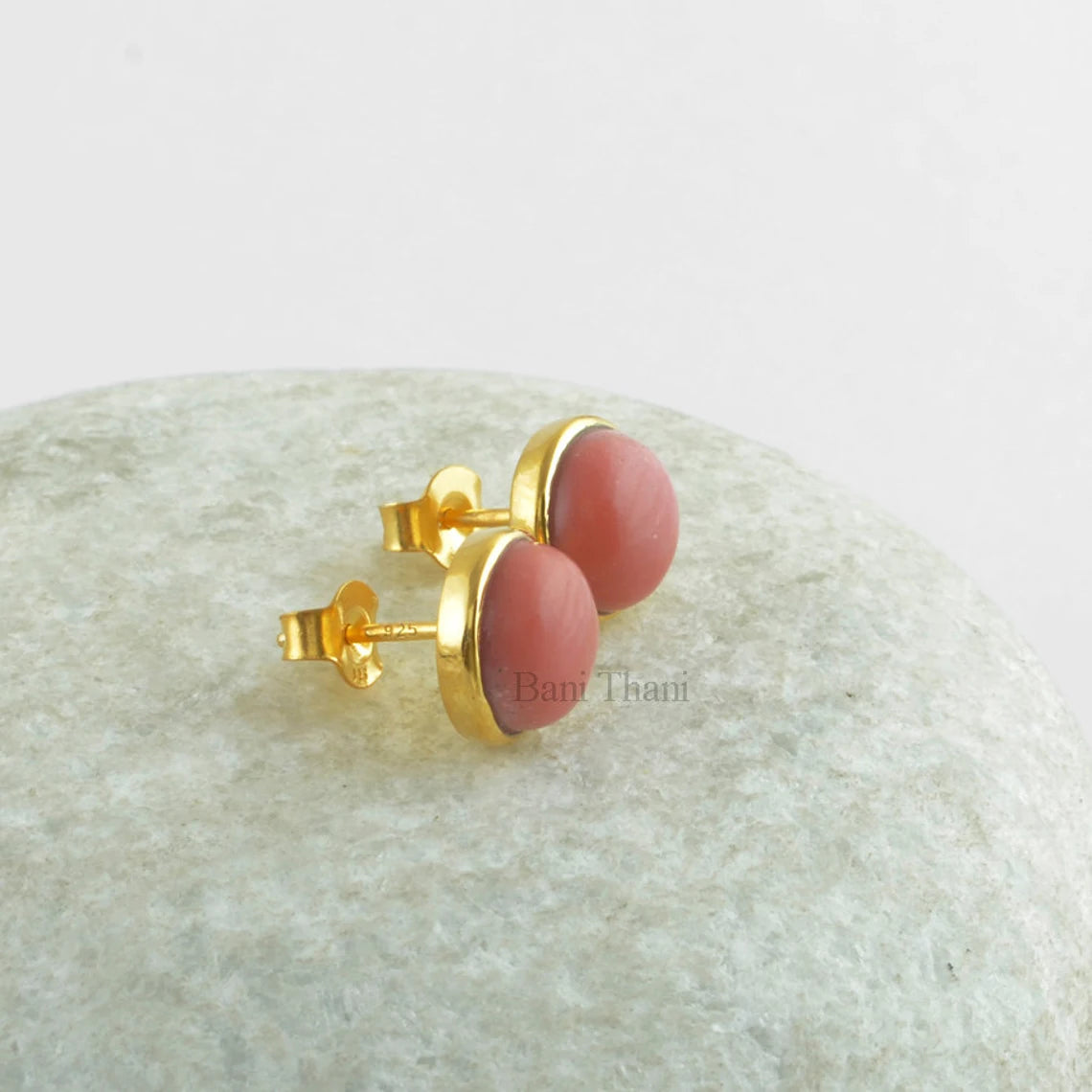 Pink Opal Round 9mm Vermeil Sterling Silver Stud, Handmade 925 Sterling Silver Stud Earrings Jewelry- E7003