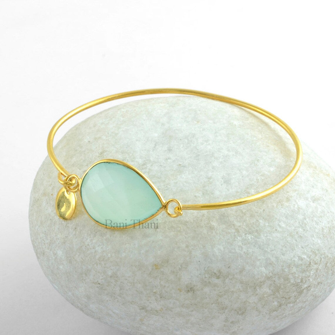 Aqua Chalcedony Pear Gemstone Bracelet - Charm Bracelet - 18k Gold Plated 925 Sterling Silver Bangle - Wedding Gift Bracelet - Gift for Her