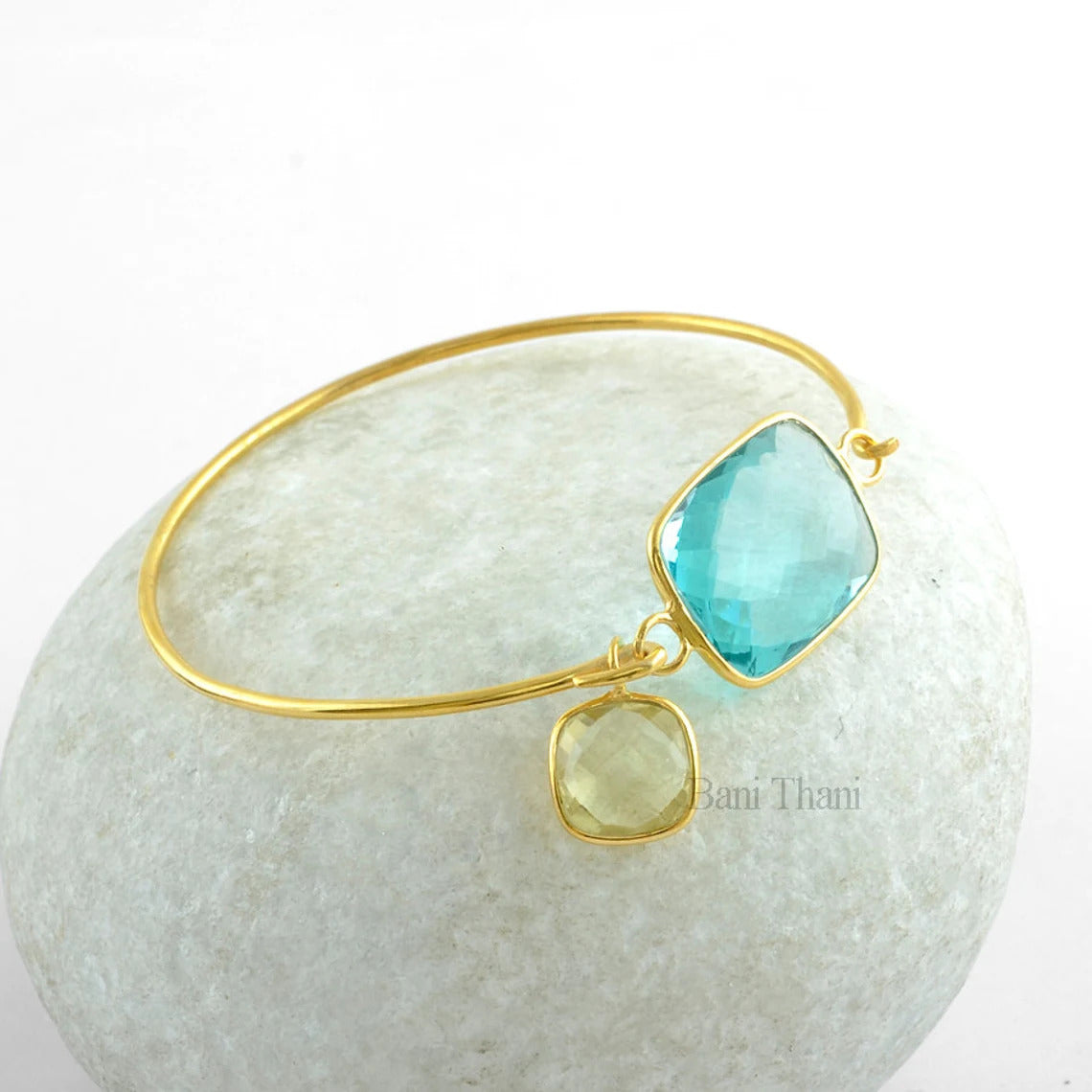 Stunning Aqua Quartz 15x22mm Rectangle With Crystal Quartz Charm 10mm Cushion Gemstone Bracelet- 18k Gold Plated 925 Sterling Silver Bangle