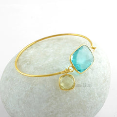 Stunning Aqua Quartz 15x22mm Rectangle With Crystal Quartz Charm 10mm Cushion Gemstone Bracelet- 18k Gold Plated 925 Sterling Silver Bangle