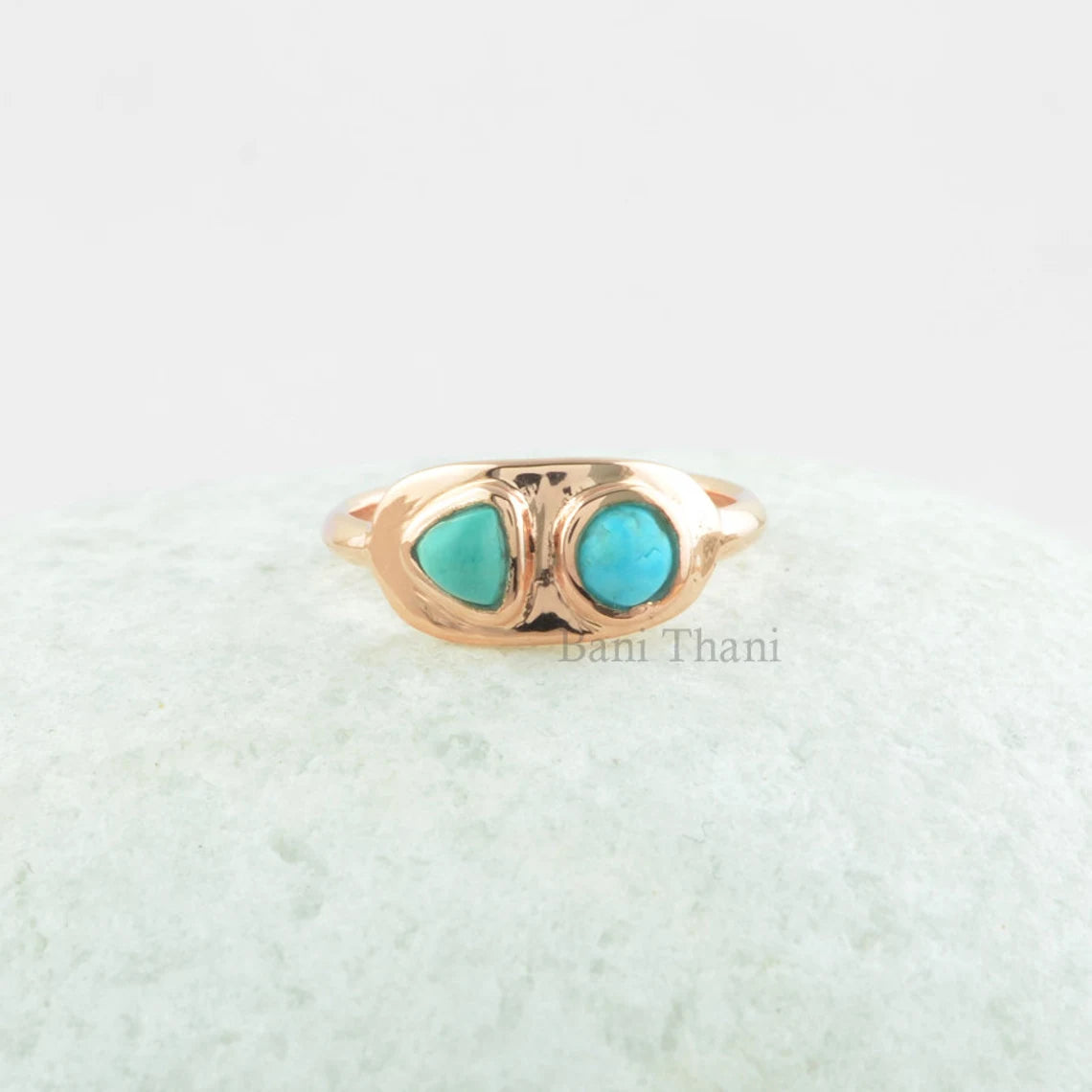 Arizona Turquoise Ring, Turquoise Round and Trillion Gemstone Rose Gold Plated Sterling Silver Ring, Personalized Gift For Mom,Cocktail Ring