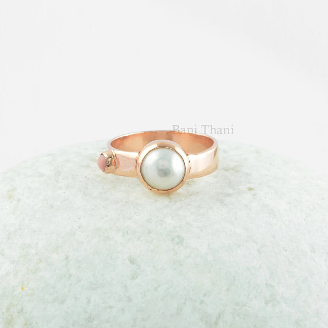 Amazing Two Stone Rose Gold 925 Sterling Silver Ring, Fresh Water Pearl 8mm Round and Pink Opal Tiny Round Gemstone Ring,Christmas Gift Ring