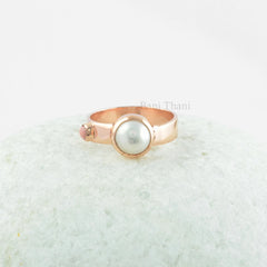 Amazing Two Stone Rose Gold 925 Sterling Silver Ring, Fresh Water Pearl 8mm Round and Pink Opal Tiny Round Gemstone Ring,Christmas Gift Ring