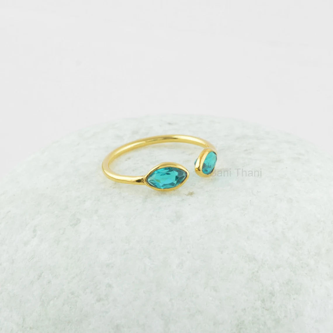 Adjustable Silver Ring - Teal Quartz Gemstone Ring - 925 Sterling Silver Gold Plated Ring - Middle Finger Ring - Tiny Marquise Stacking Ring