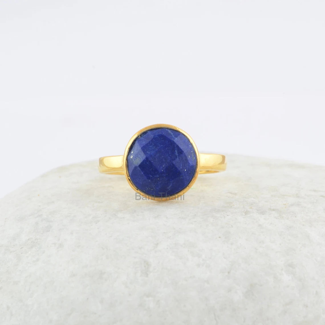 925 Sterling Silver Ring - Lapis Lazuli Ring - 10mm Round Gemstone Ring - Gold Plated Ring - Bezel Ring - Gift for Women - Handmade Jewelry