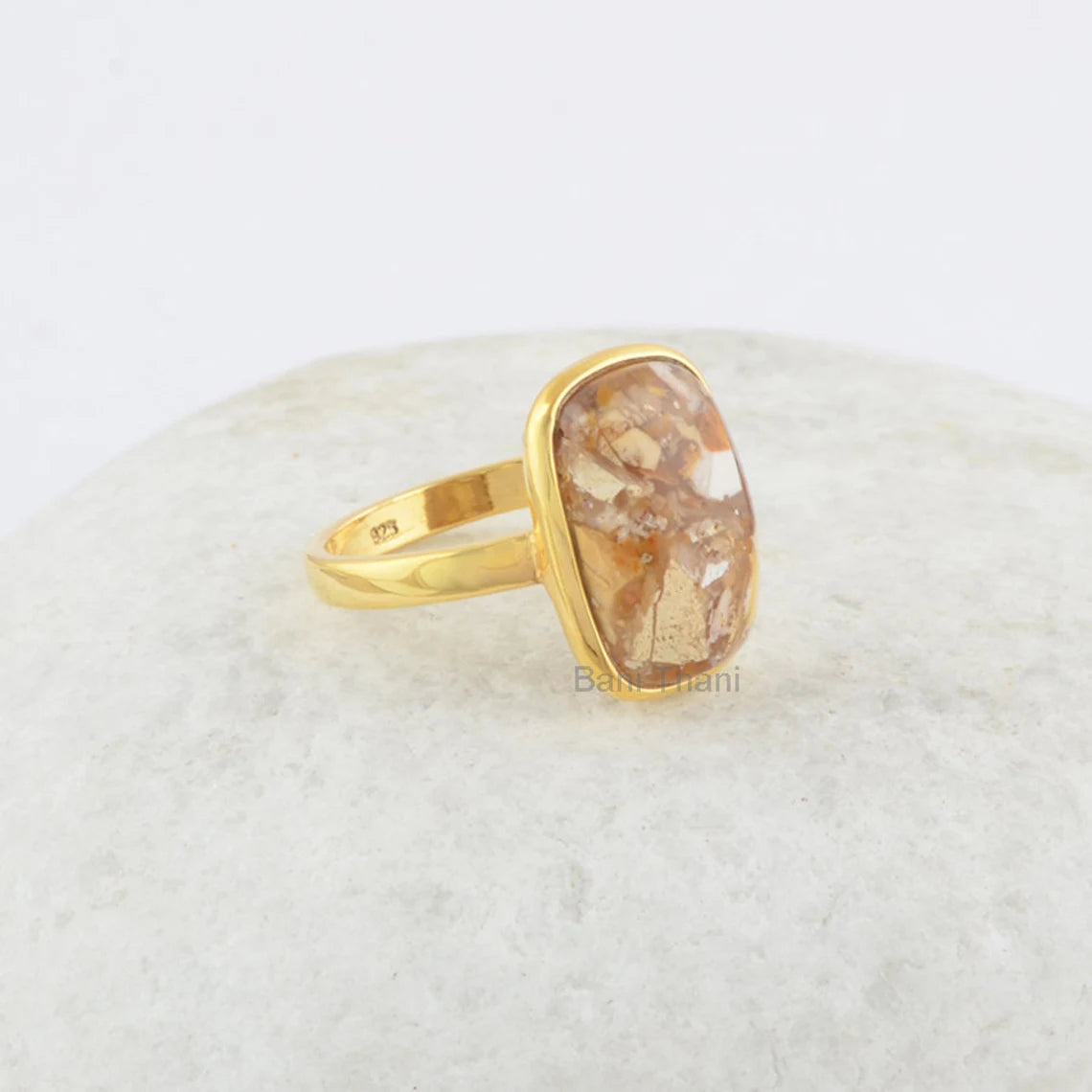 925 Sterling Silver Ring-Brecciated Mookaite Square 10x15mm Gemstone Ring-Micron Gold Plated Ring-Beautiful Wedding Ring-Christmas Gift Ring