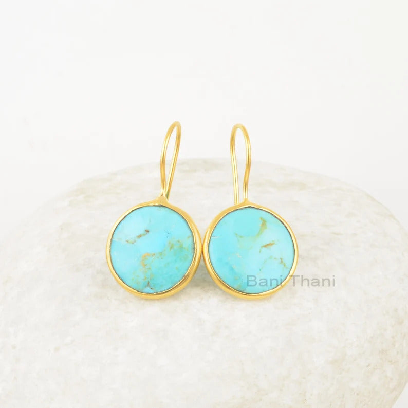 Beautiful Arizona Turquoise Drop Earrings, Arizona Turquoise 15mm Round Gemstone 925 Silver Earrings, 18k Gold Plated Earrings, Gift Earrings