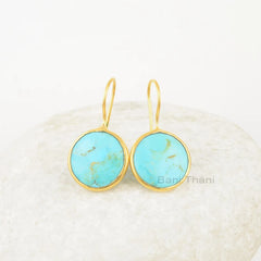 Beautiful Arizona Turquoise Drop Earrings, Arizona Turquoise 15mm Round Gemstone 925 Silver Earrings, 18k Gold Plated Earrings, Gift Earrings